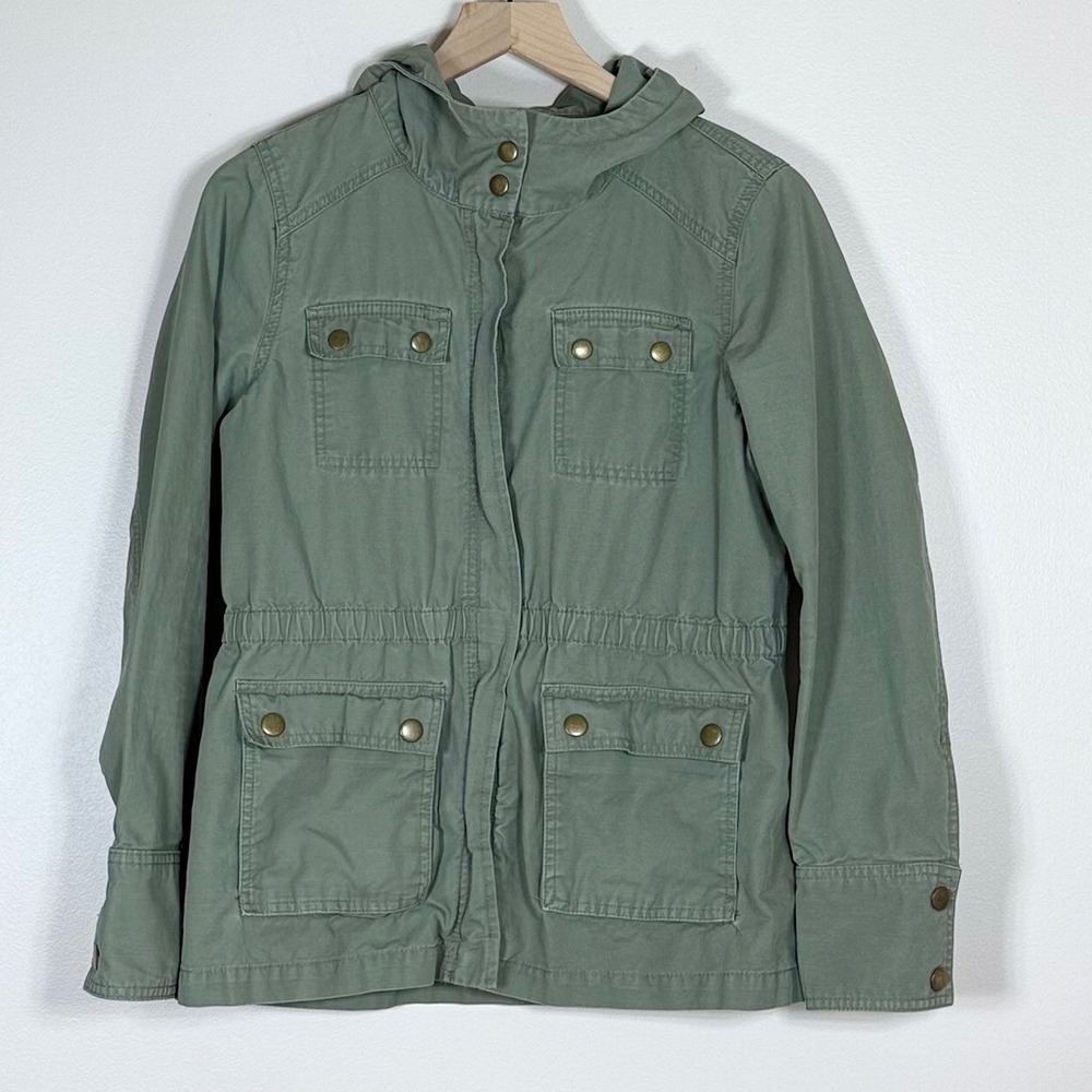 Gap Womens Utility Field Jacket S Green Hooded Zip Snap Pockets Bella Twilight